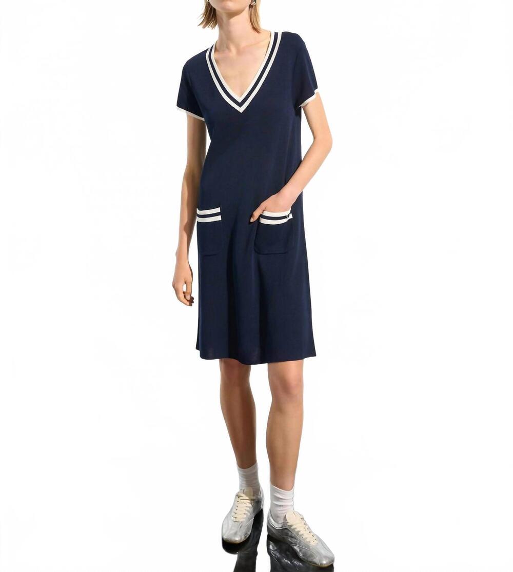 NEW JOSEPH RIBKOFF viscose knit a-line dress with rib trim in indigo/vanilla